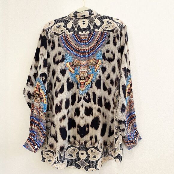 Moda Baronessa Button Up Blouse Multicolor Animal Print 100% Silk Small Tunic - Picture 10 of 10